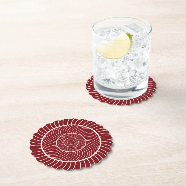 Burgundy red cream spiral snail fibonacci sequence paper coaster (Insitu)
