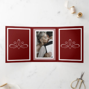 Burgundy red customizable wedding photo Tri-Fold programme