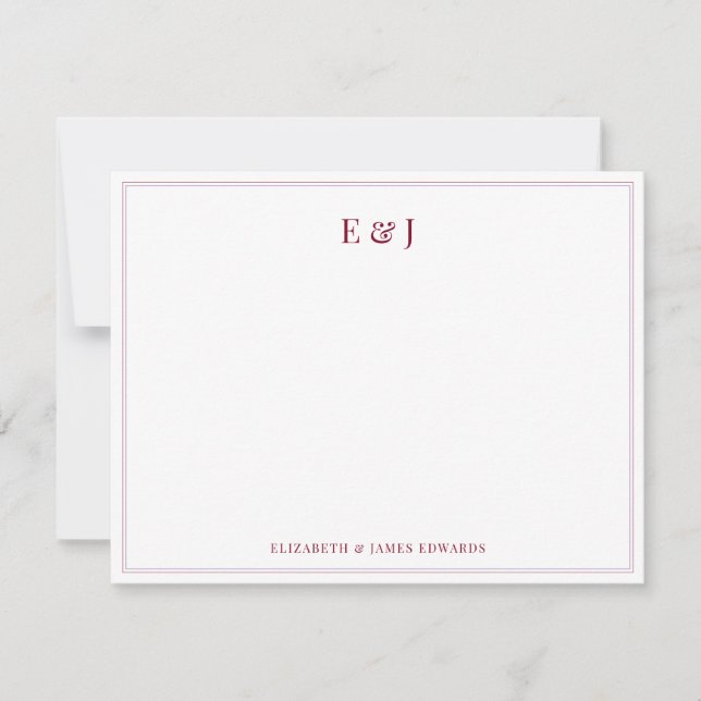 Burgundy Red Double Border Elegant Couple Monogram Card (Front)