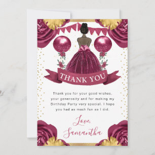 Burgundy Red Dress Dark Skin Princess Birthday Thank You Card