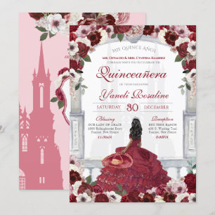 Burgundy Red Elegant Charro Princess Quinceanera Invitation