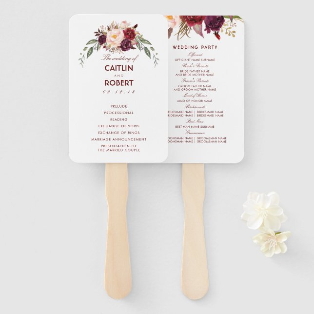 Burgundy Red Elegant Floral Wedding Program Hand Fan (Front and Back)
