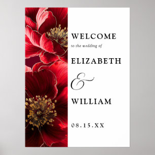 Burgundy Red Elegant Floral Wedding Welcome Sign