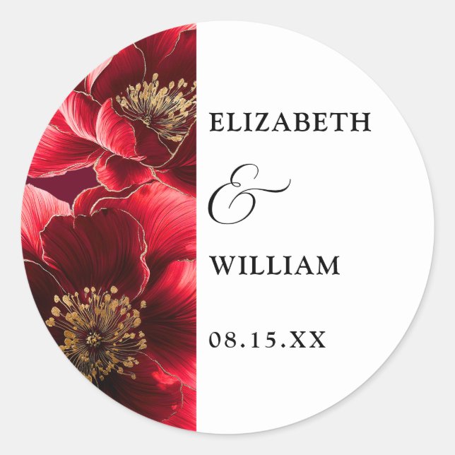 Burgundy Red Elegant Modern Floral Wedding Favour Classic Round Sticker (Front)