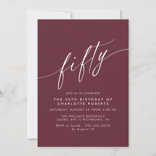 Burgundy Red | Elegant Script Maroon 50th Birthday Invitation (Front)