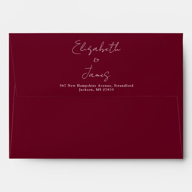 Burgundy Red Elegant Script Return Address Envelope (Back (Top Flap))
