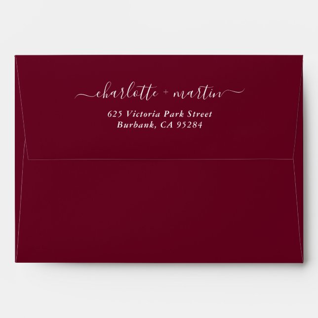 Burgundy Red Elegant Script Return Address Wedding Envelope (Back (Top Flap))