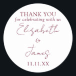 Burgundy Red Elegant Script Wedding Thank You Classic Round Sticker<br><div class="desc">This burgundy red minimalist elegant script wedding thank you sticker can be personalized with your information in chic typography. Designed by Thisisnotme©</div>
