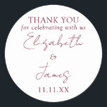 Burgundy Red Elegant Script Wedding Thank You Classic Round Sticker<br><div class="desc">This burgundy red minimalist elegant script wedding thank you sticker can be personalized with your information in chic typography. Designed by Thisisnotme©</div>