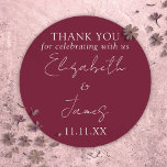 Burgundy Red Elegant Script Wedding Thank You Classic Round Sticker<br><div class="desc">This burgundy red minimalist elegant script wedding thank you sticker can be personalized with your information in chic typography. Designed by Thisisnotme©</div>