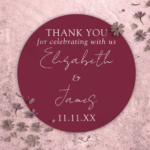 Burgundy Red Elegant Script Wedding Thank You Classic Round Sticker