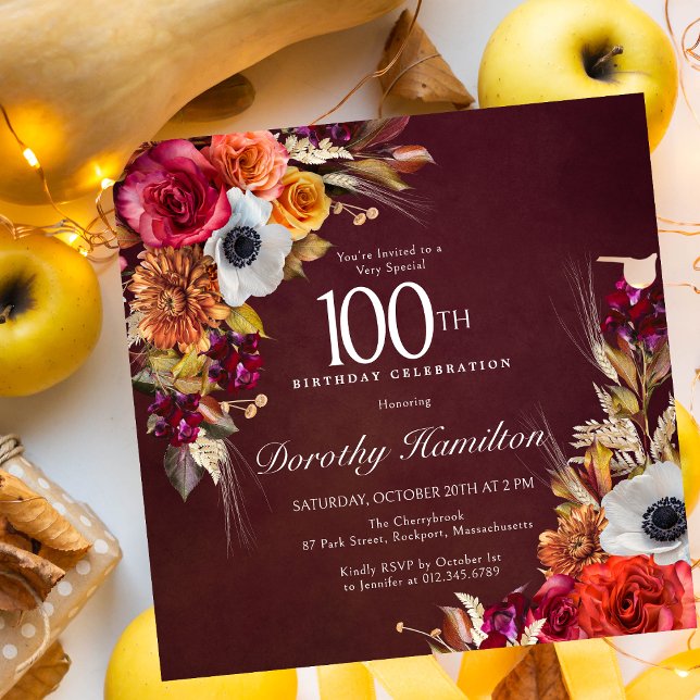 Burgundy Red Fall Flowers Script 100th Birthday Invitation (100th Birthday Fall Flowers Square Invitation. )