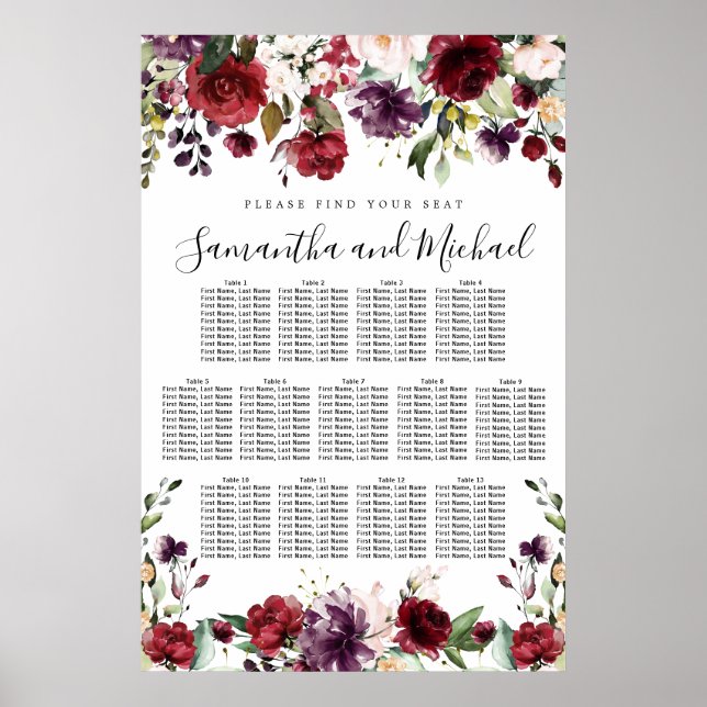 Burgundy Red Floral 13-Table Wedding Seating Chart (Front)