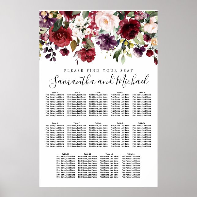 Burgundy Red Floral 14-Table Wedding Seating Char Poster (Front)