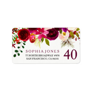 Burgundy Red Floral 40th Birthday Address Label
