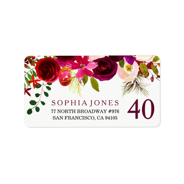 Burgundy Red Floral 40th Birthday Address Label (Front)