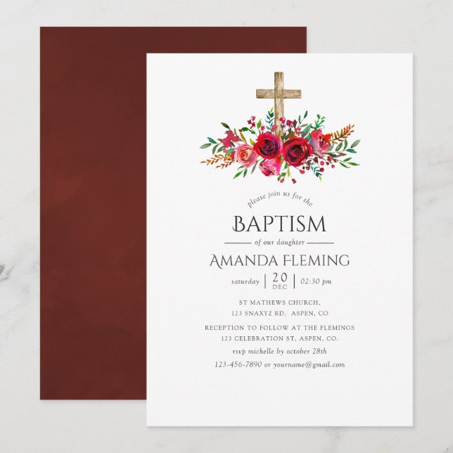 Burgundy Red Floral Baptism or Christening Invitation (Front/Back)