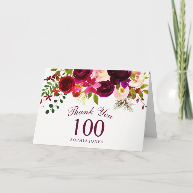 Burgundy Red Floral Boho 100th Birthday Thank You Card (Front)
