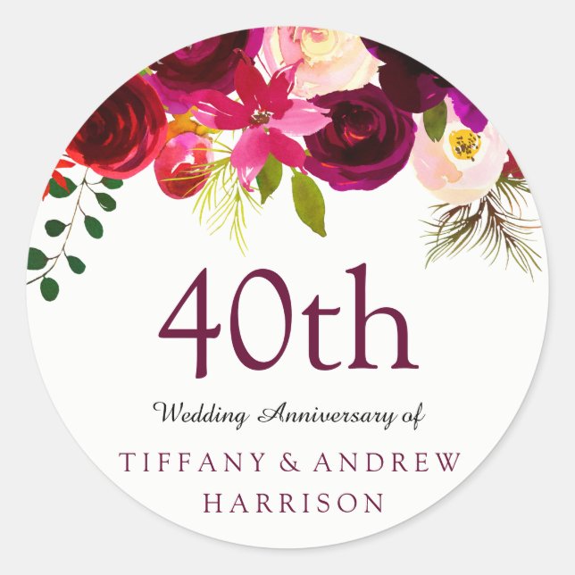 Burgundy Red Floral Boho 40th Wedding Anniversary Classic Round Sticker (Front)