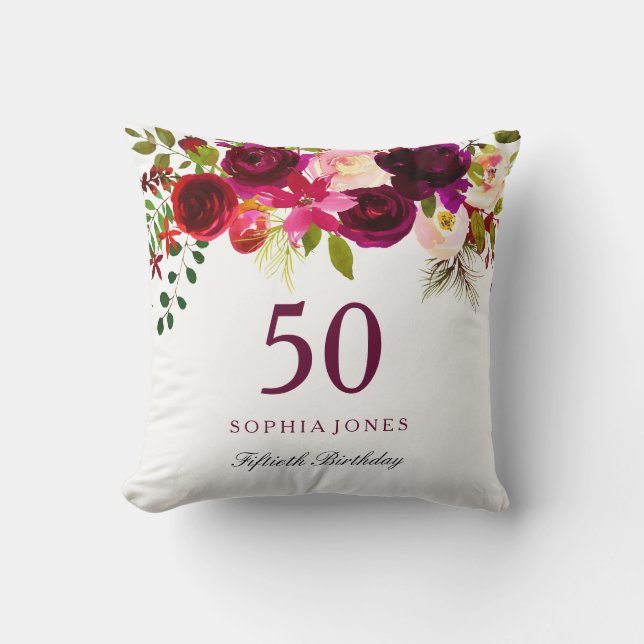 Burgundy Red Floral Boho 50th Birthday Gift Throw Pillow (Front)