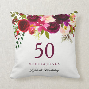 Burgundy Red Floral Boho 50th Birthday Gift Throw Pillow
