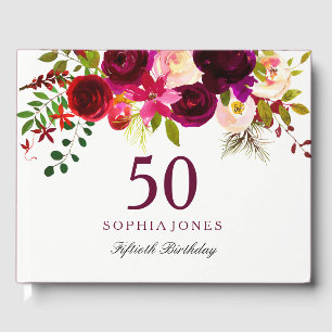 Burgundy Red Floral Boho 50th Birthday Party Guest Book