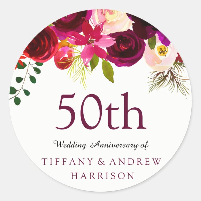 Burgundy Red Floral Boho 50th Wedding Anniversary Classic Round Sticker (Front)