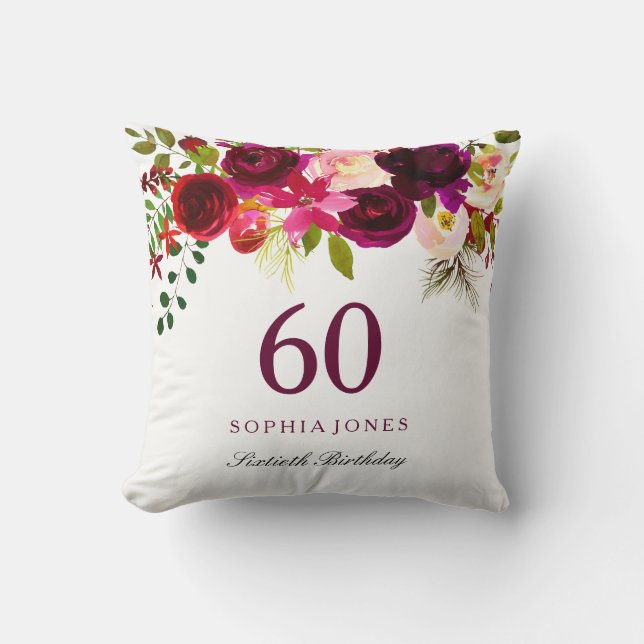 Burgundy Red Floral Boho 60th Birthday Gift Throw Pillow (Front)