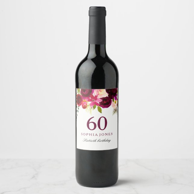 Burgundy Red Floral Boho 60th Birthday Party Wine Label (Front)