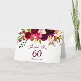 Burgundy Red Floral Boho 60th Birthday Thank You Card