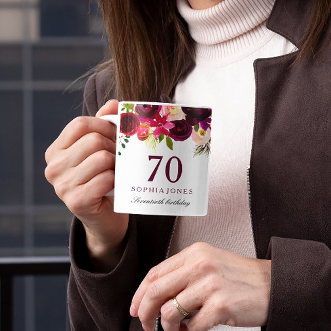 Burgundy Red Floral Boho 70th Birthday Gift Coffee Mug (Creator Uploaded)