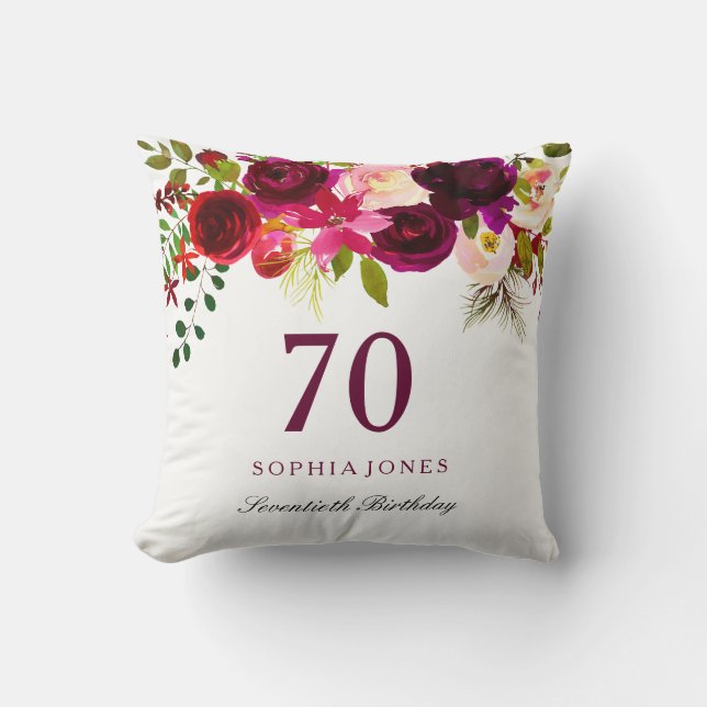 Burgundy Red Floral Boho 70th Birthday Gift Throw Pillow (Front)