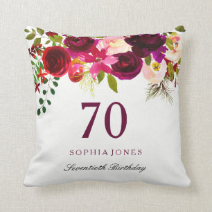 Burgundy Red Floral Boho 70th Birthday Gift Throw Pillow