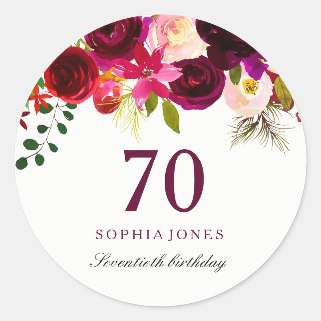 Burgundy Red Floral Boho 70th Birthday Party Classic Round Sticker (Front)