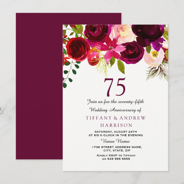 Burgundy Red Floral Boho 75th Wedding Anniversary Invitation (Front/Back)