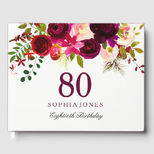 Burgundy Red Floral Boho 80th Birthday Party Guest Book