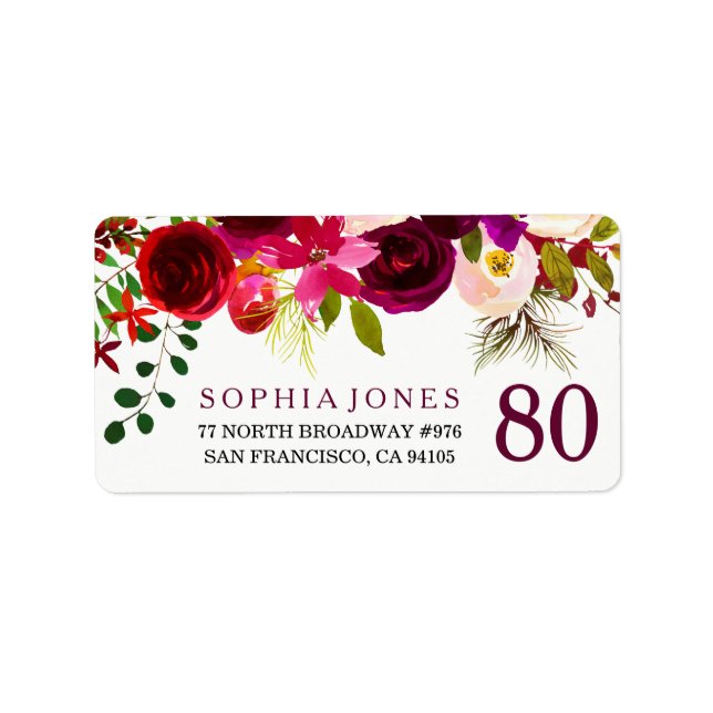 Burgundy Red Floral Boho 80th Birthday Party Label (Front)