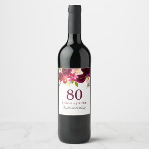 Burgundy Red Floral Boho 80th Birthday Party Wine Label