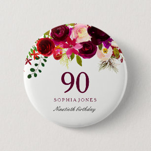 Burgundy Red Floral Boho 90th Birthday Party 2 Inch Round Button