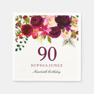 Burgundy Red Floral Boho 90th Birthday Party Napkin