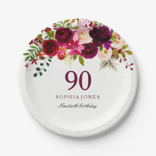 Burgundy Red Floral Boho 90th Birthday Party Paper Plate
