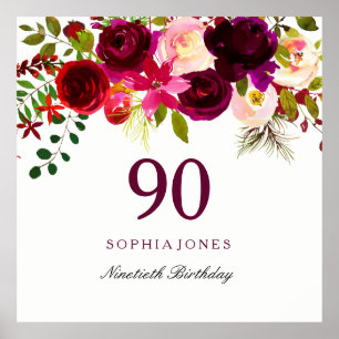 Burgundy Red Floral Boho 90th Birthday Party Poster