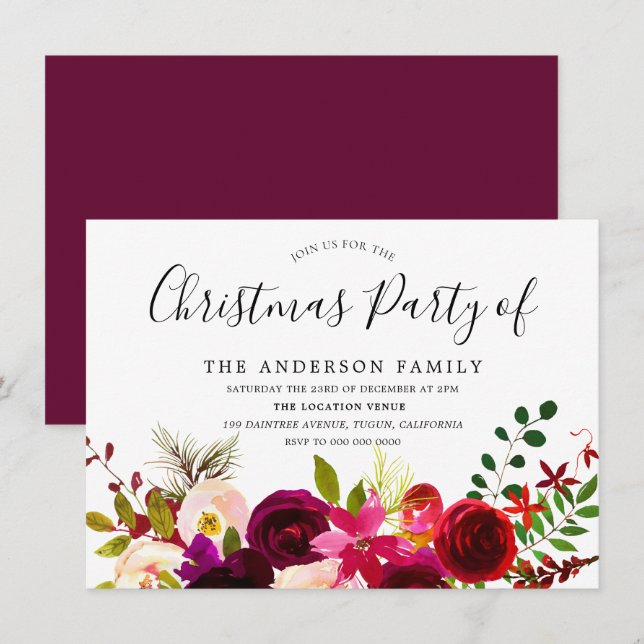 Burgundy Red Floral Boho Christmas Party Invitation (Front/Back)