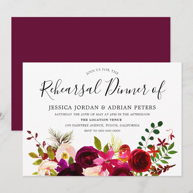 Burgundy Red Floral Boho Rehearsal Dinner Invite (Front/Back)