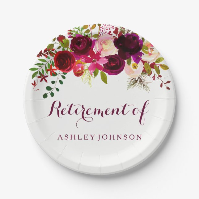 Burgundy Red Floral Boho Retirement Party Paper Plate (Front)
