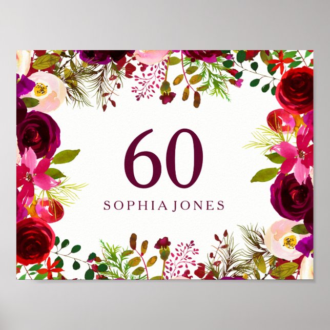 Burgundy Red Floral Boho Sign 60th Birthday Party (Front)