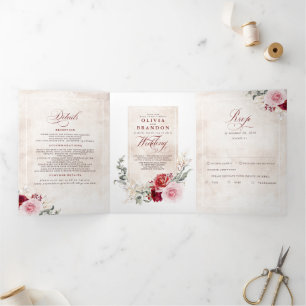 Burgundy Red Floral Botanical Boho Wedding Tri-Fold Invitation