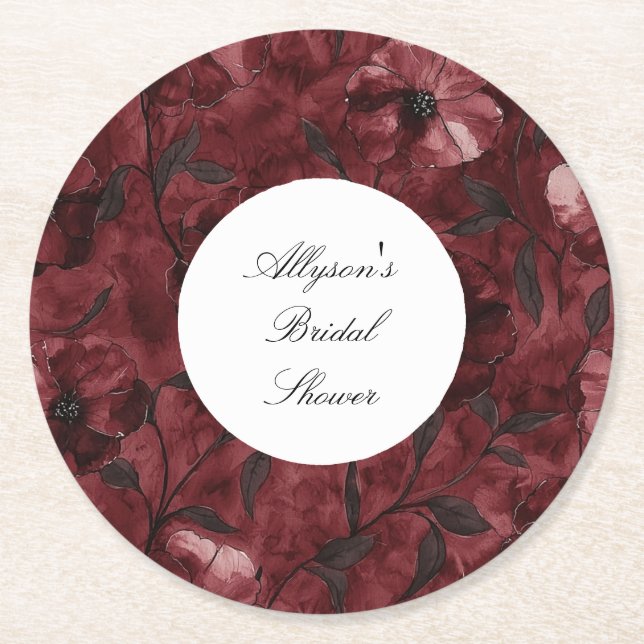 Burgundy Red Floral Bridal Shower Round Paper Coaster (Front)