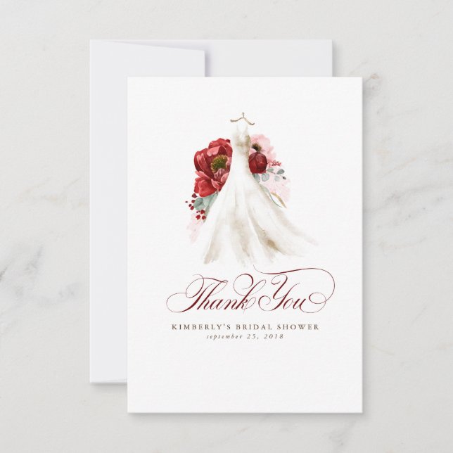 Burgundy Red Floral Bridal Shower Thank You (Front)
