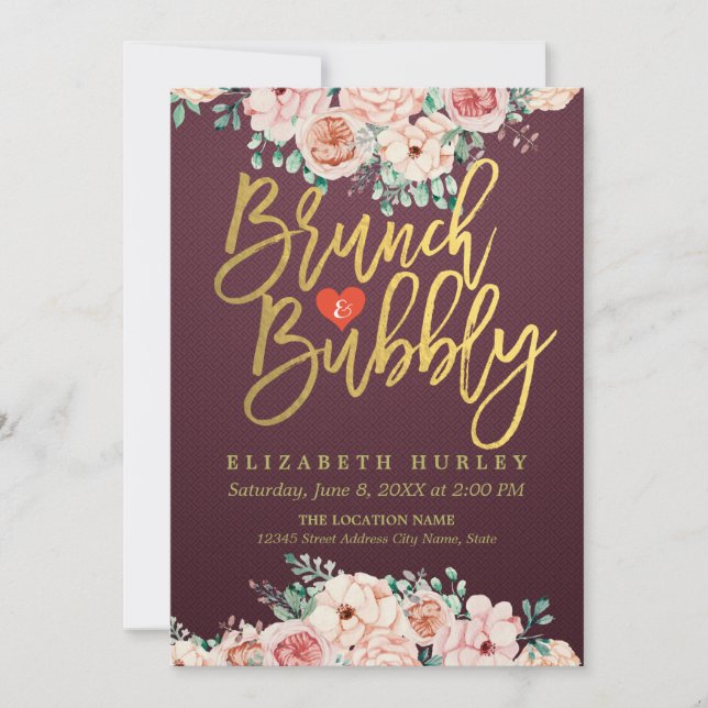 Burgundy Red Floral Brunch Bubbly Bridal Shower Invitation (Front)
